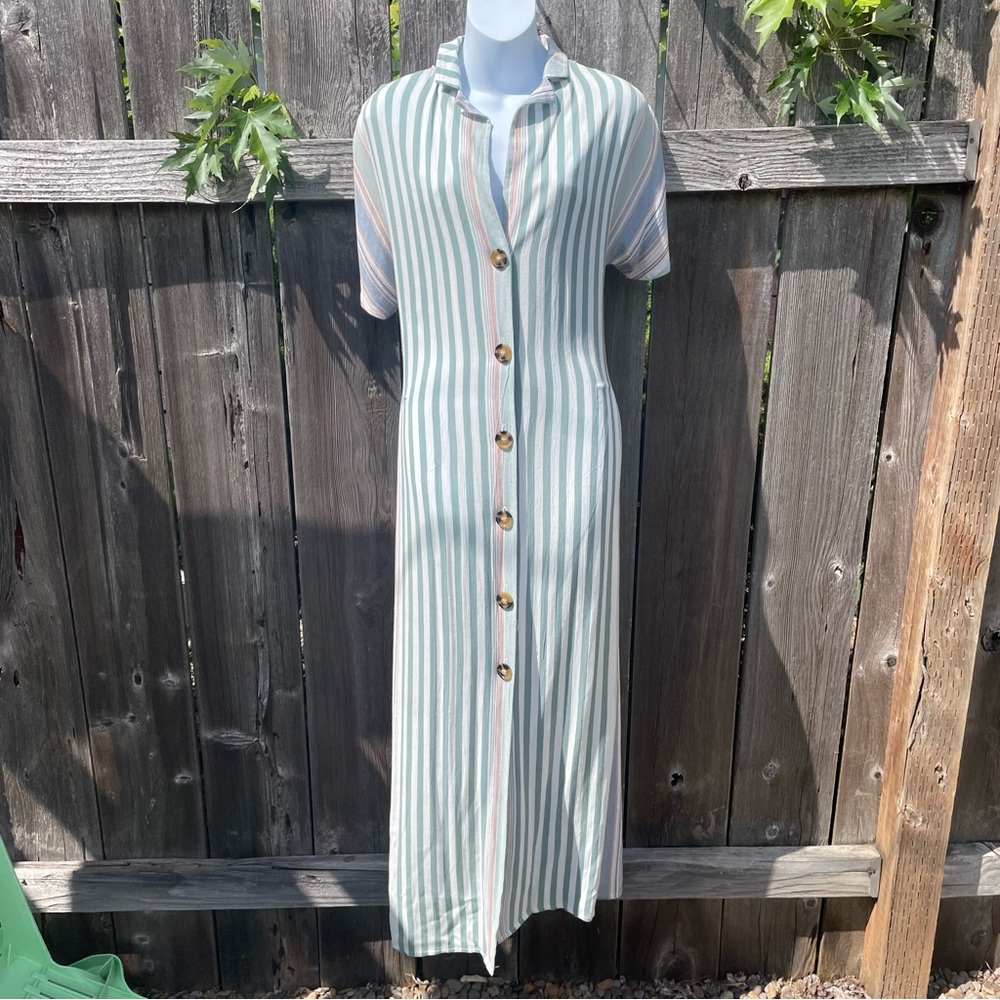 Vertical Stripe Button Front Full Length Short Sleeve Dress